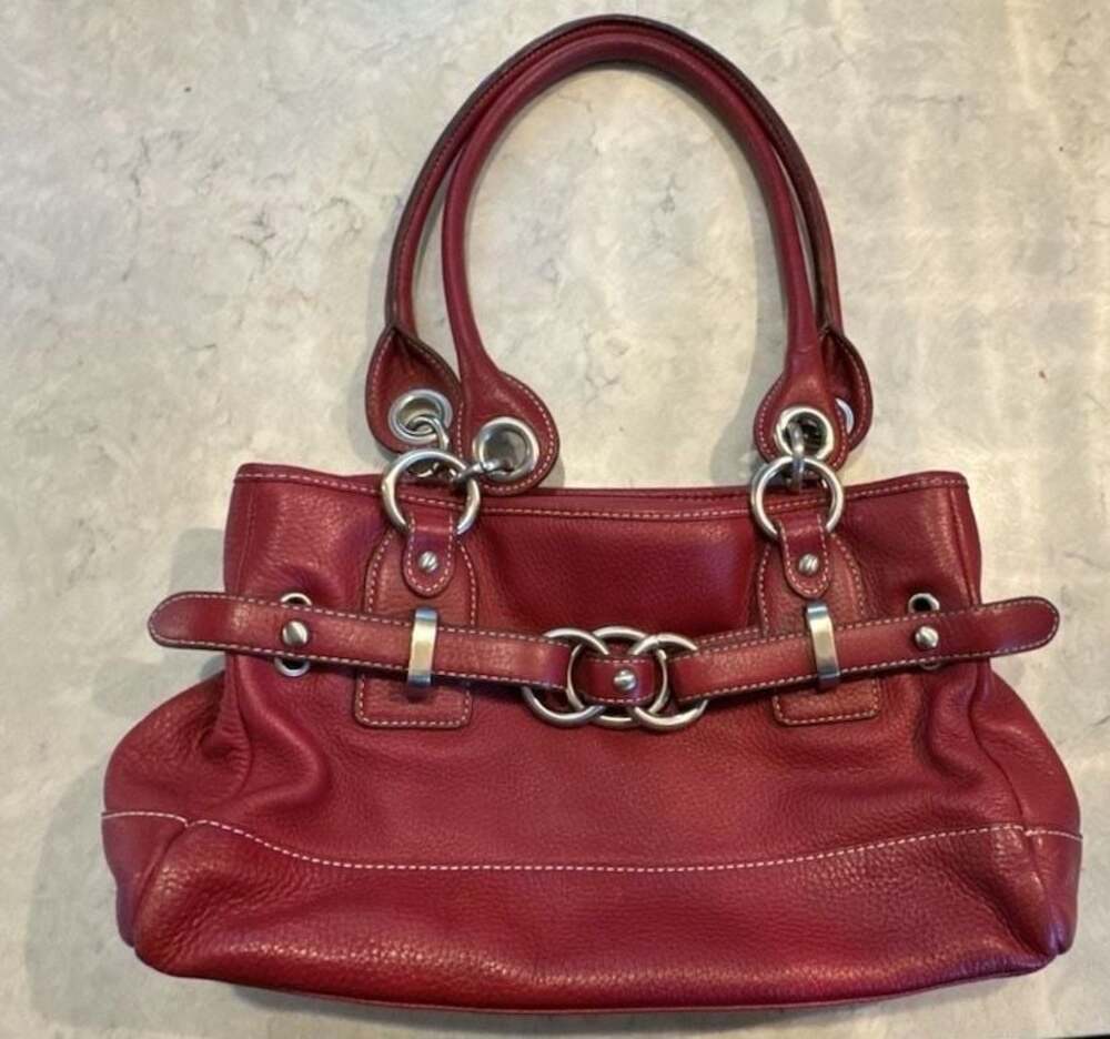 Wilsons Leather Red Pebbled Leather Handbag with Silver-Tone Hardware